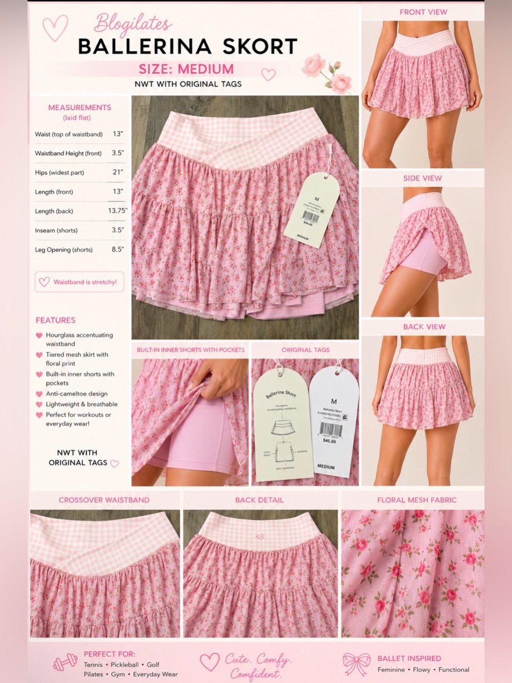 Blogilates Ballerina Skort – NWT – Size Medium Pink Gingham Floral Prin